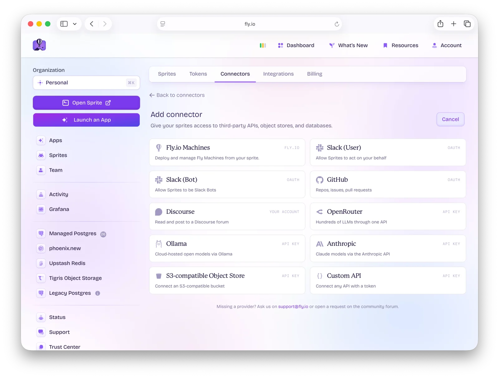 The Add connector page in the Sprites dashboard, showing a grid of providers: Fly.io Machines, Slack, GitHub, Discourse, OpenRouter, Anthropic, S3-compatible Object Store, and Custom API